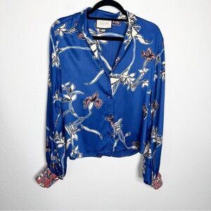 Alexis Top Women Medium Floral Button Up Long Balloon Sleeve Blue C5